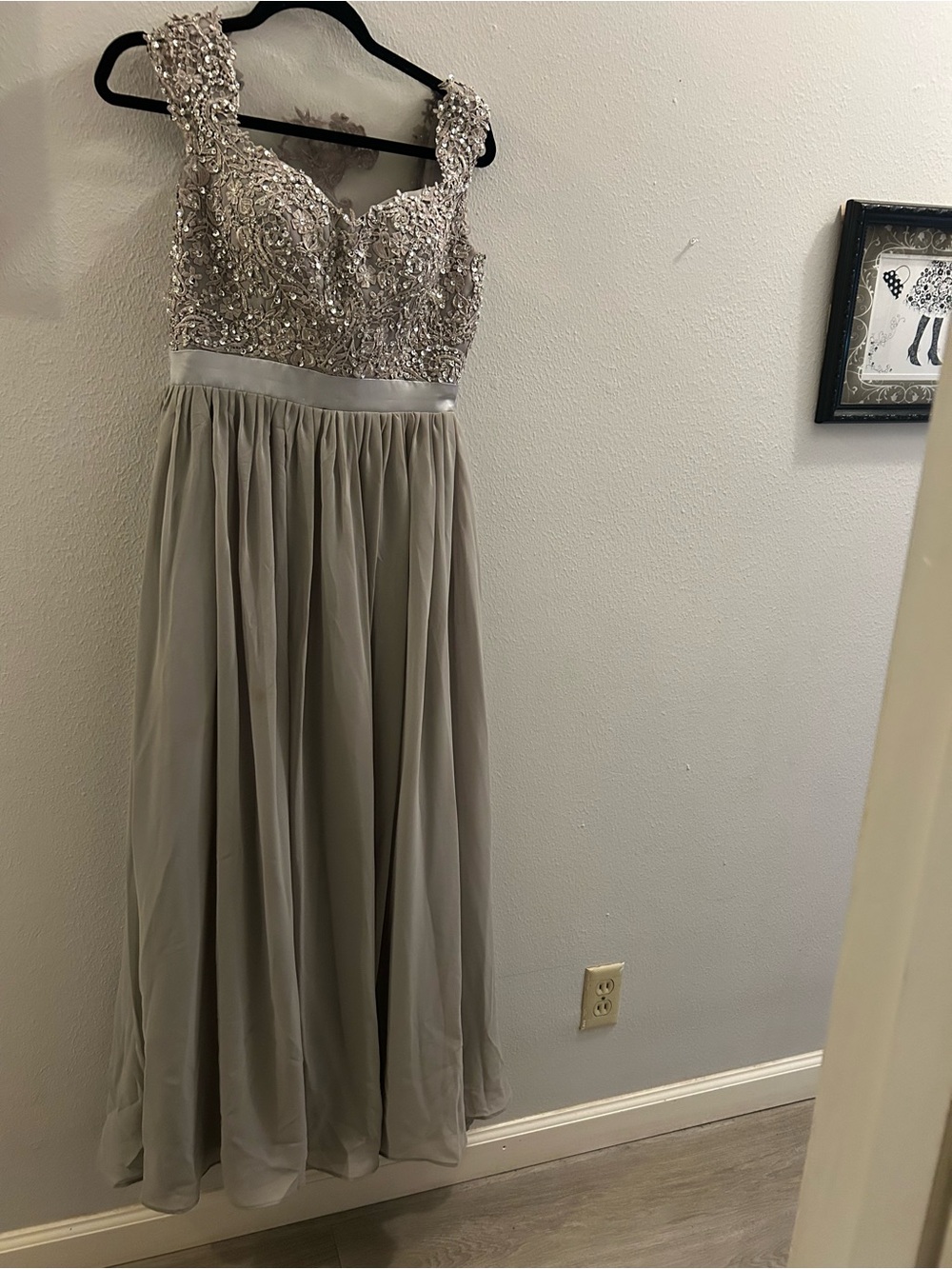 Beaded Silver Gray Evening Gown